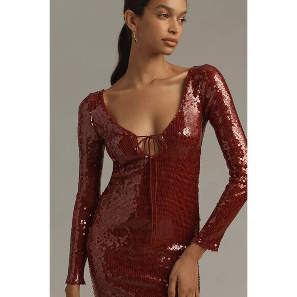Bardot Verona Long-Sleeve Sequin Slim Midi Dress 8 Burgundy - Picture 4 of 4